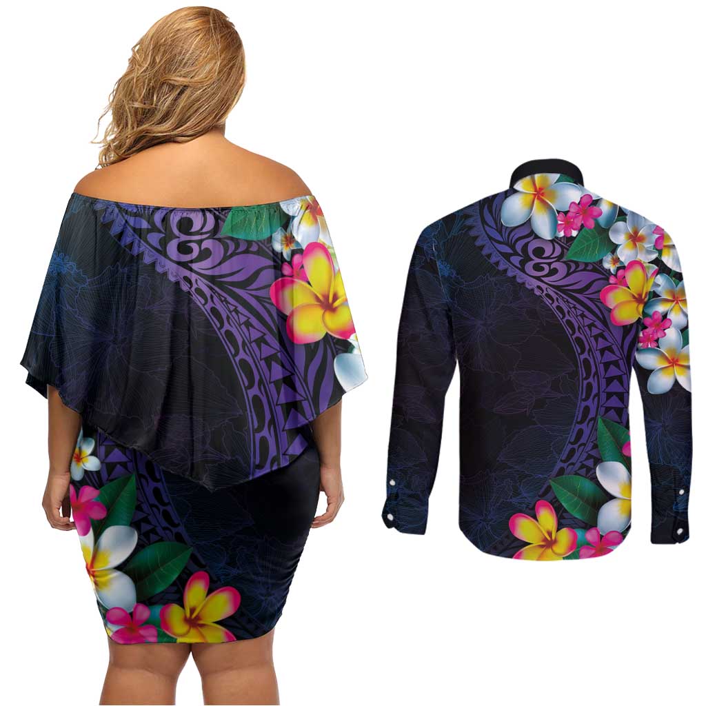 Hawaiian Plumeria-Polynesian Art Tattoo Frosted Blue Violet Color Couples Matching Off Shoulder Short Dress and Long Sleeve Button Shirt LT03 - Polynesian Pride