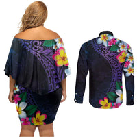Hawaiian Plumeria-Polynesian Art Tattoo Frosted Blue Violet Color Couples Matching Off Shoulder Short Dress and Long Sleeve Button Shirt LT03 - Polynesian Pride