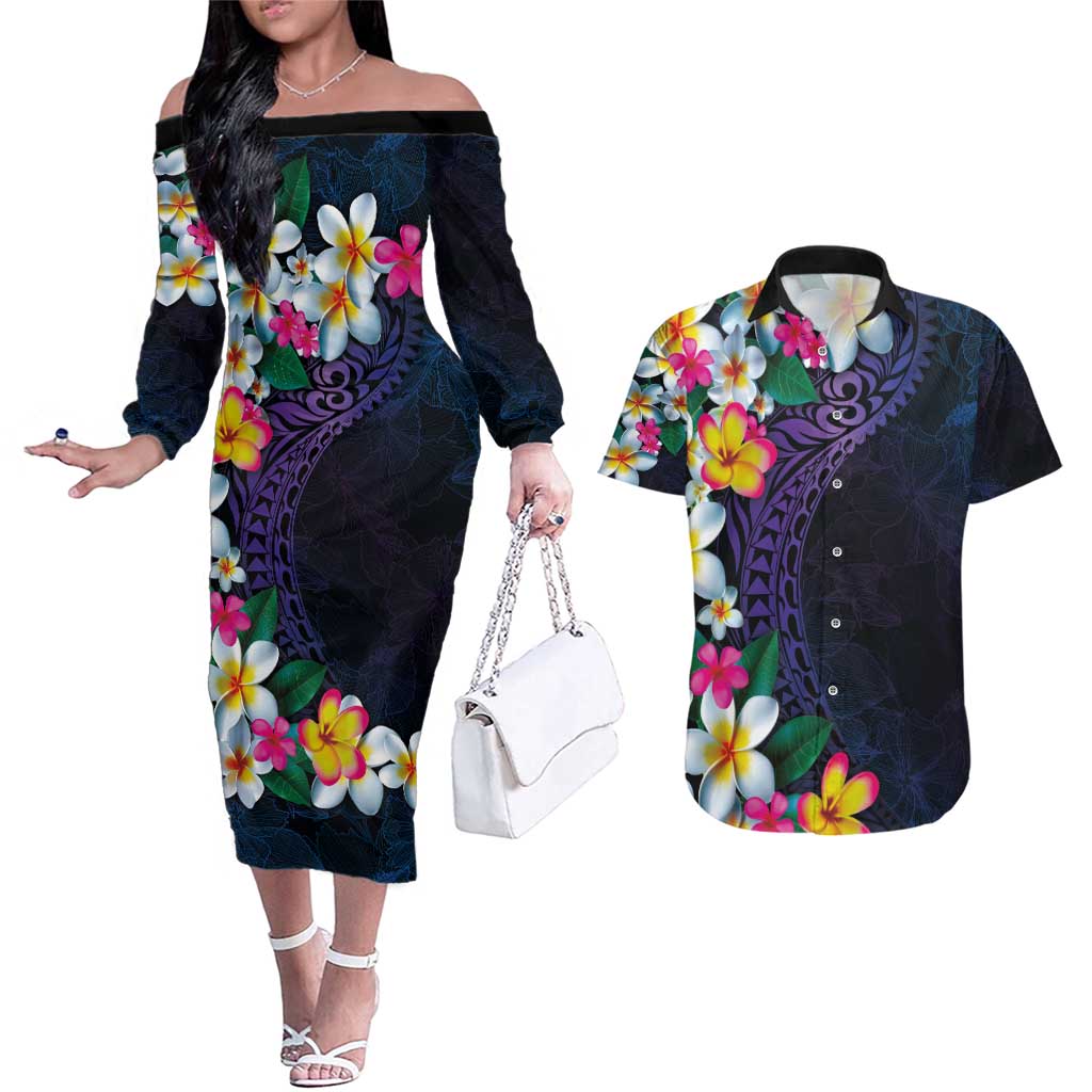 Hawaiian Plumeria-Polynesian Art Tattoo Frosted Blue Violet Color Couples Matching Off The Shoulder Long Sleeve Dress and Hawaiian Shirt LT03 Blue - Polynesian Pride