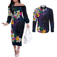 Hawaiian Plumeria-Polynesian Art Tattoo Frosted Blue Violet Color Couples Matching Off The Shoulder Long Sleeve Dress and Long Sleeve Button Shirt LT03 Blue - Polynesian Pride