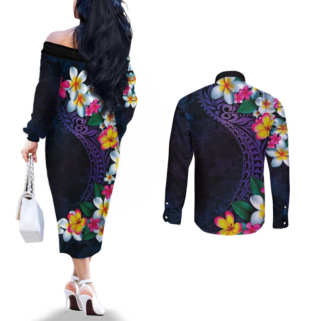 Hawaiian Plumeria-Polynesian Art Tattoo Frosted Blue Violet Color Couples Matching Off The Shoulder Long Sleeve Dress and Long Sleeve Button Shirt LT03 - Polynesian Pride