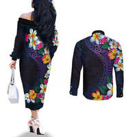 Hawaiian Plumeria-Polynesian Art Tattoo Frosted Blue Violet Color Couples Matching Off The Shoulder Long Sleeve Dress and Long Sleeve Button Shirt LT03 - Polynesian Pride
