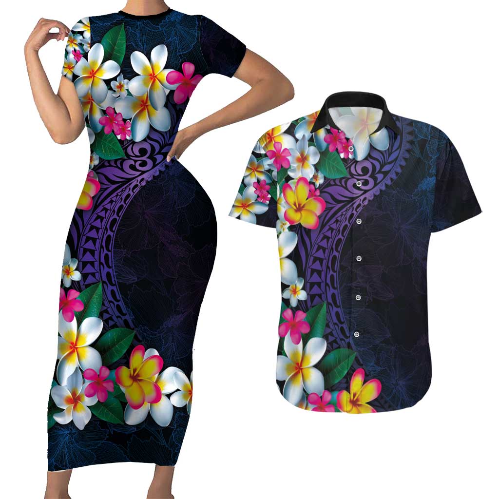 Hawaiian Plumeria-Polynesian Art Tattoo Frosted Blue Violet Color Couples Matching Short Sleeve Bodycon Dress and Hawaiian Shirt LT03 Blue - Polynesian Pride