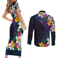 Hawaiian Plumeria-Polynesian Art Tattoo Frosted Blue Violet Color Couples Matching Short Sleeve Bodycon Dress and Long Sleeve Button Shirt LT03 - Polynesian Pride