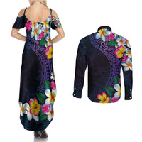 Hawaiian Plumeria-Polynesian Art Tattoo Frosted Blue Violet Color Couples Matching Summer Maxi Dress and Long Sleeve Button Shirt LT03 - Polynesian Pride