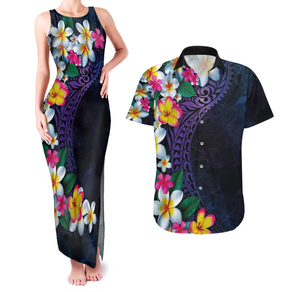 Hawaiian Plumeria-Polynesian Art Tattoo Frosted Blue Violet Color Couples Matching Tank Maxi Dress and Hawaiian Shirt LT03 Blue - Polynesian Pride