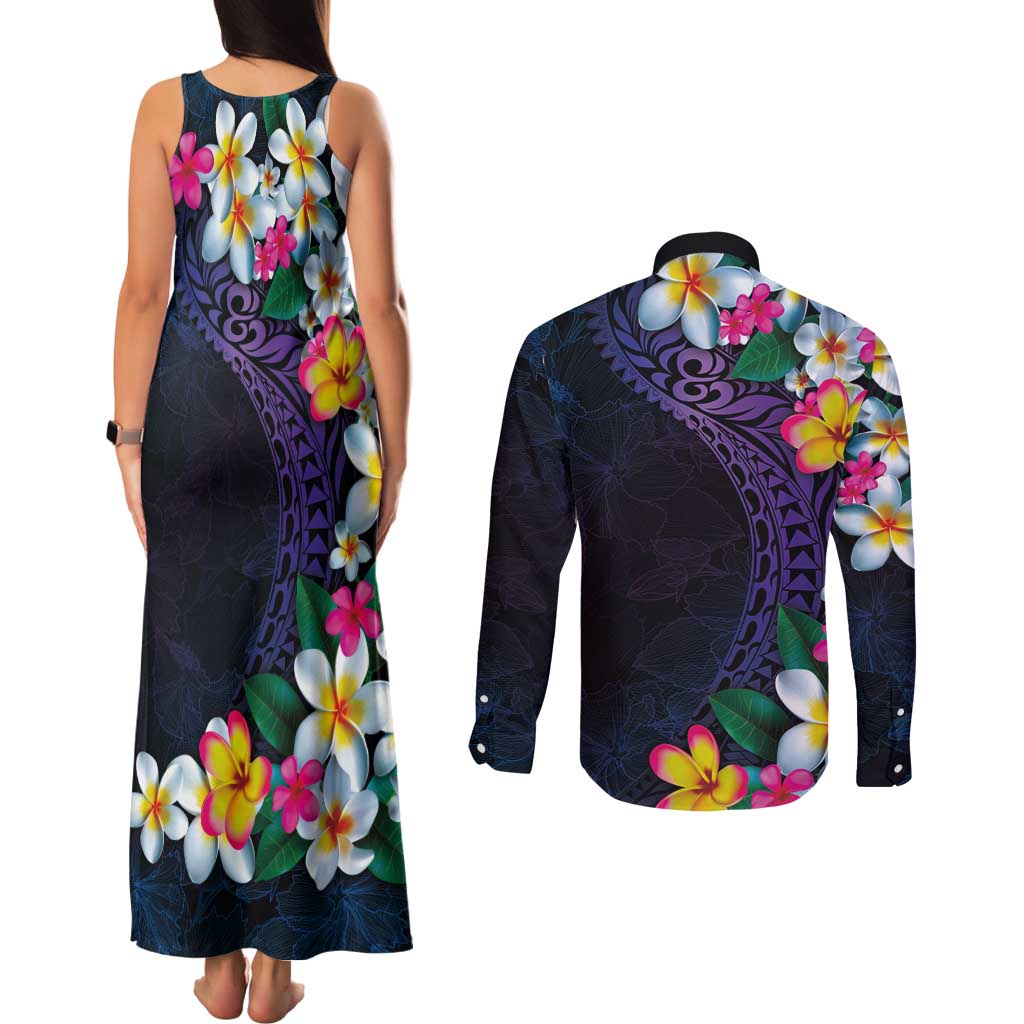 Hawaiian Plumeria-Polynesian Art Tattoo Frosted Blue Violet Color Couples Matching Tank Maxi Dress and Long Sleeve Button Shirt LT03 - Polynesian Pride