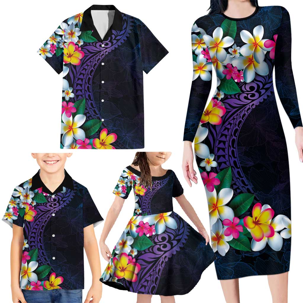 Hawaiian Plumeria-Polynesian Art Tattoo Frosted Blue Violet Color Family Matching Long Sleeve Bodycon Dress and Hawaiian Shirt LT03 - Polynesian Pride