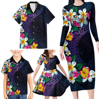 Hawaiian Plumeria-Polynesian Art Tattoo Frosted Blue Violet Color Family Matching Long Sleeve Bodycon Dress and Hawaiian Shirt LT03 - Polynesian Pride