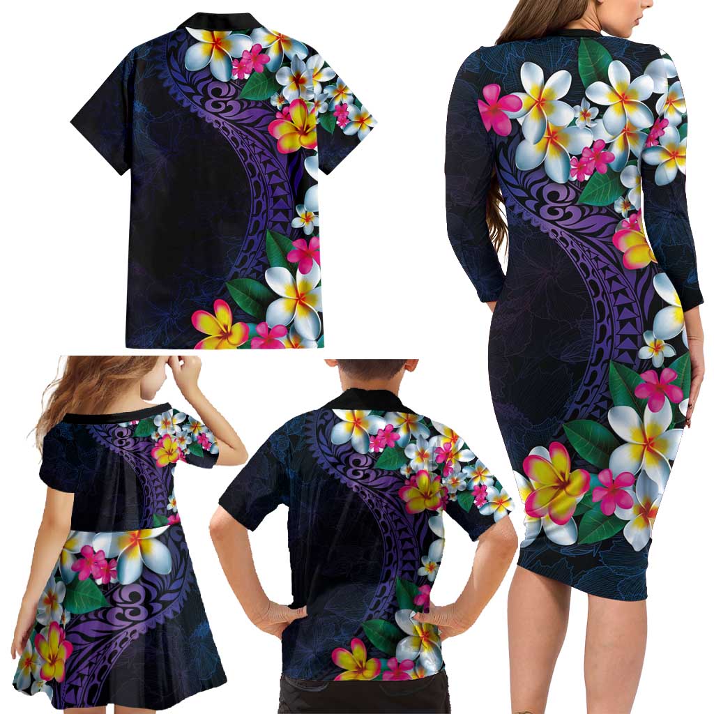 Hawaiian Plumeria-Polynesian Art Tattoo Frosted Blue Violet Color Family Matching Long Sleeve Bodycon Dress and Hawaiian Shirt LT03 - Polynesian Pride