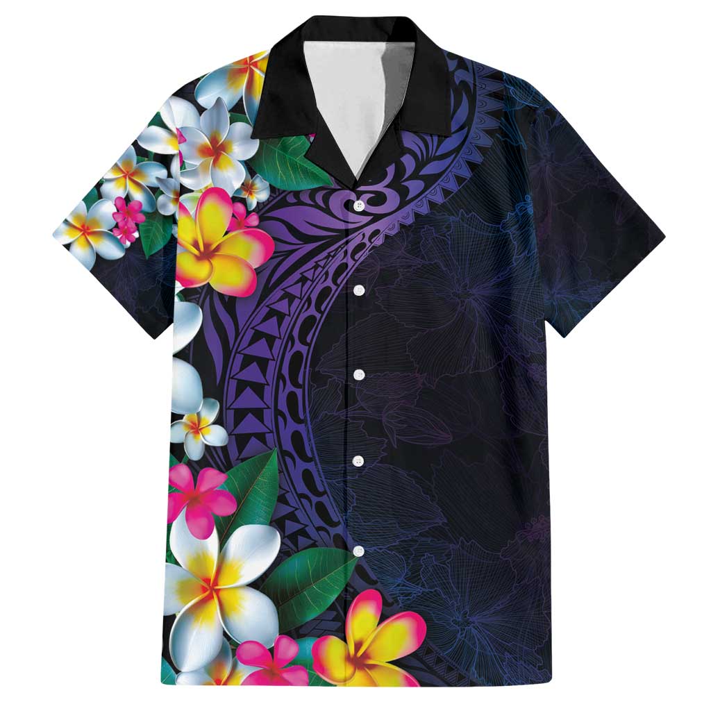 Hawaiian Plumeria-Polynesian Art Tattoo Frosted Blue Violet Color Family Matching Long Sleeve Bodycon Dress and Hawaiian Shirt LT03 Dad's Shirt - Short Sleeve Blue - Polynesian Pride