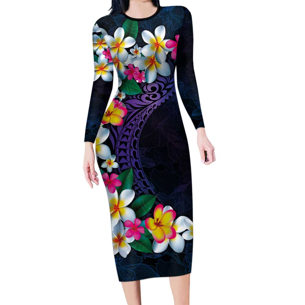 Hawaiian Plumeria-Polynesian Art Tattoo Frosted Blue Violet Color Family Matching Long Sleeve Bodycon Dress and Hawaiian Shirt LT03 Mom's Dress Blue - Polynesian Pride