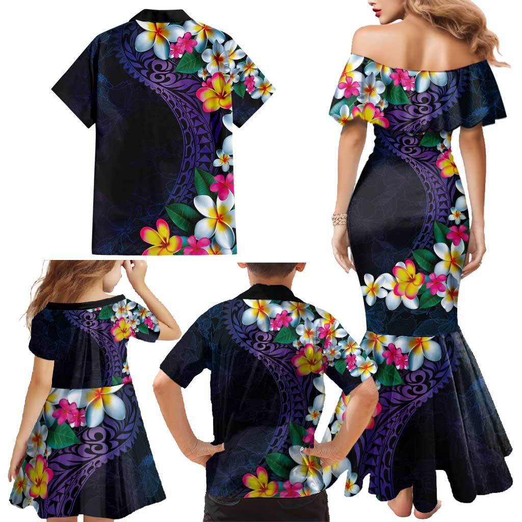 Hawaiian Plumeria-Polynesian Art Tattoo Frosted Blue Violet Color Family Matching Mermaid Dress and Hawaiian Shirt LT03 - Polynesian Pride