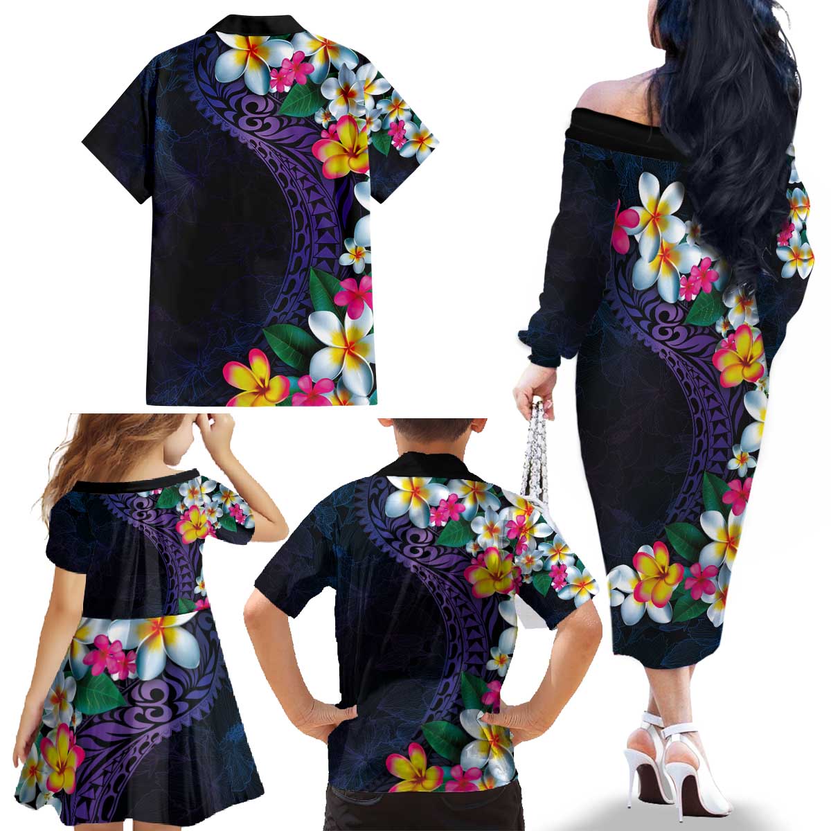 Hawaiian Plumeria-Polynesian Art Tattoo Frosted Blue Violet Color Family Matching Off The Shoulder Long Sleeve Dress and Hawaiian Shirt LT03 - Polynesian Pride