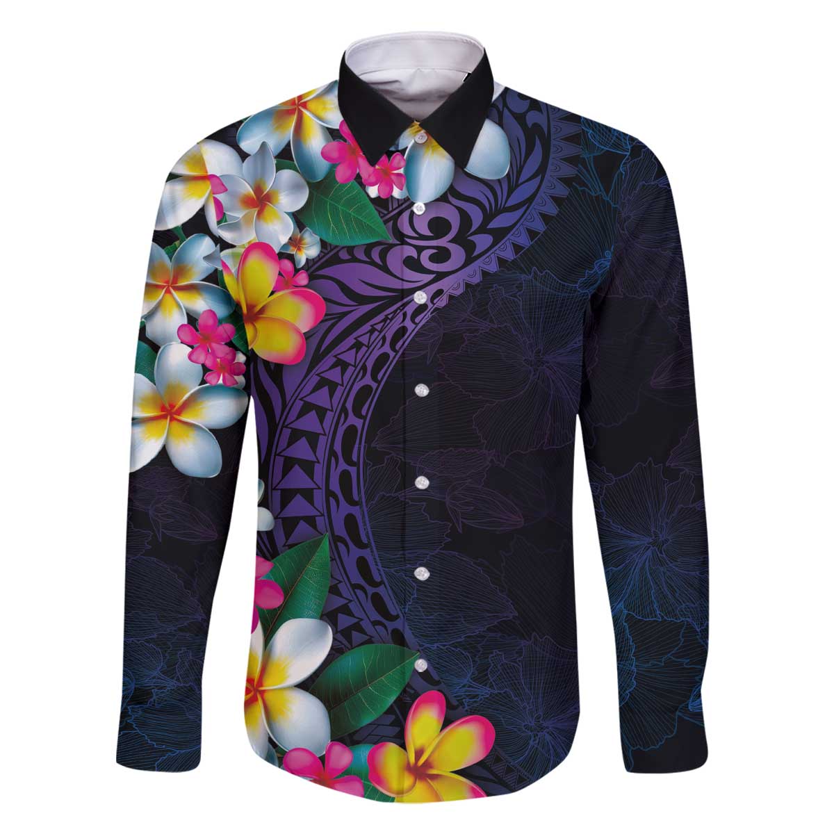 Hawaiian Plumeria-Polynesian Art Tattoo Frosted Blue Violet Color Family Matching Off The Shoulder Long Sleeve Dress and Hawaiian Shirt LT03 Dad's Shirt - Long Sleeve Blue - Polynesian Pride
