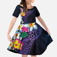 Hawaiian Plumeria-Polynesian Art Tattoo Frosted Blue Violet Color Family Matching Off Shoulder Maxi Dress and Hawaiian Shirt LT03 Daughter's Dress Blue - Polynesian Pride