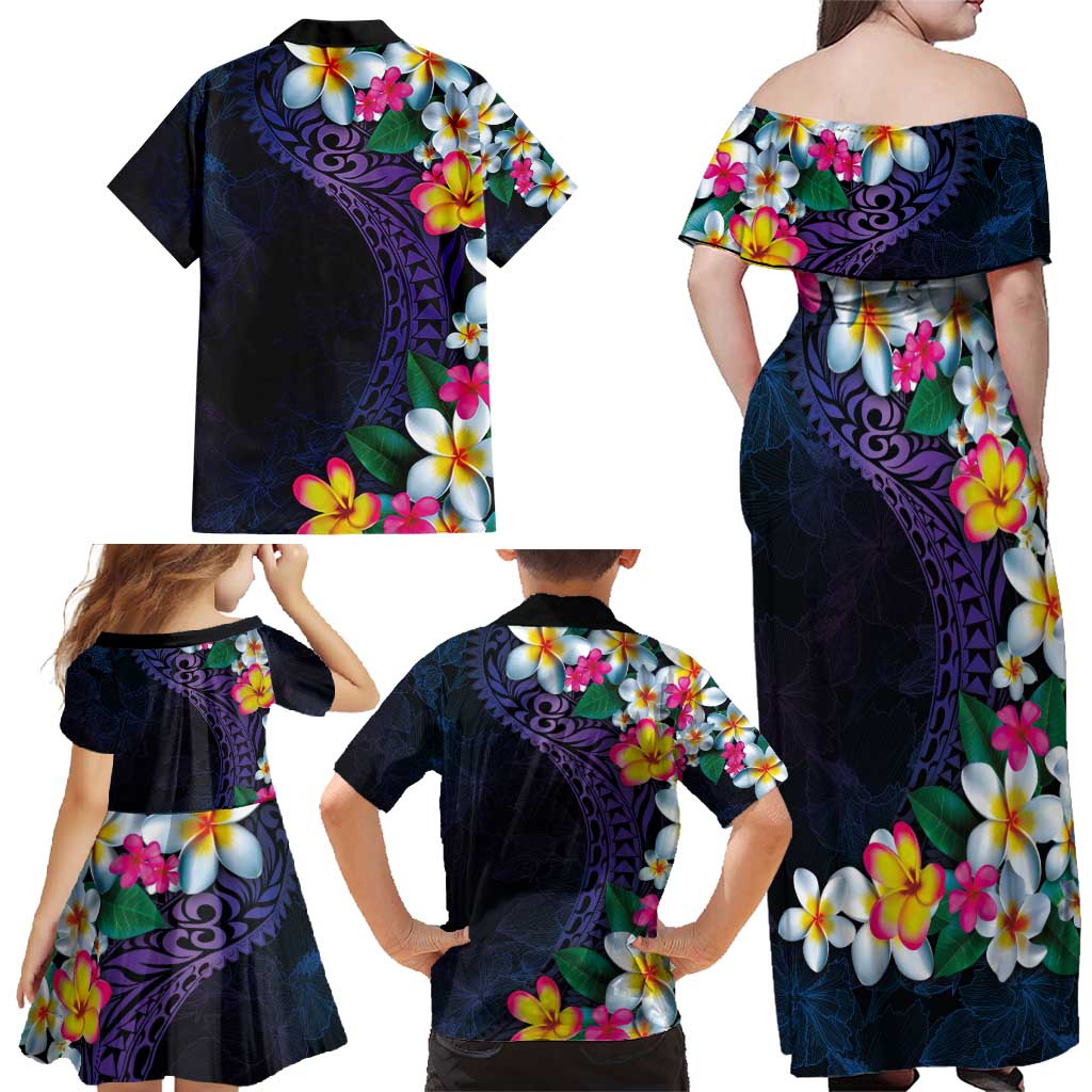 Hawaiian Plumeria-Polynesian Art Tattoo Frosted Blue Violet Color Family Matching Off Shoulder Maxi Dress and Hawaiian Shirt LT03 - Polynesian Pride