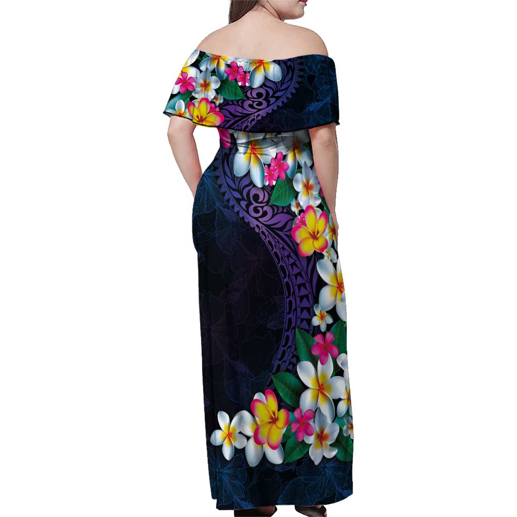 Hawaiian Plumeria-Polynesian Art Tattoo Frosted Blue Violet Color Family Matching Off Shoulder Maxi Dress and Hawaiian Shirt LT03 - Polynesian Pride
