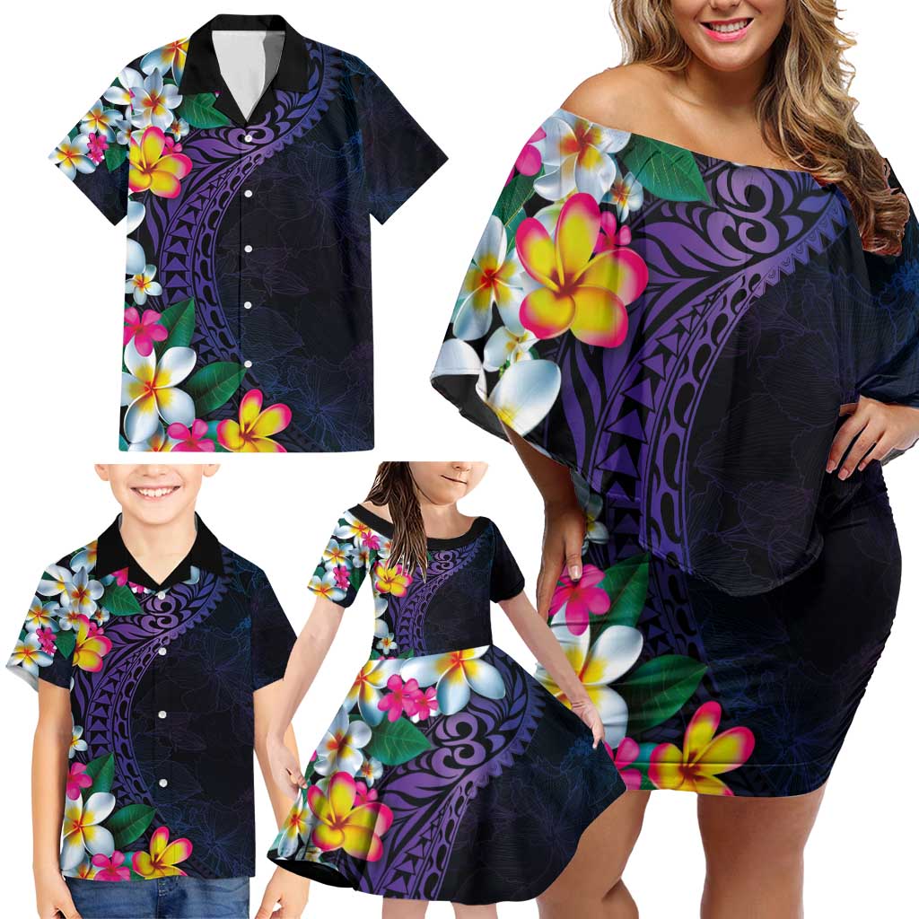 Hawaiian Plumeria-Polynesian Art Tattoo Frosted Blue Violet Color Family Matching Off Shoulder Short Dress and Hawaiian Shirt LT03 - Polynesian Pride