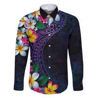 Hawaiian Plumeria-Polynesian Art Tattoo Frosted Blue Violet Color Family Matching Off Shoulder Short Dress and Hawaiian Shirt LT03 Dad's Shirt - Long Sleeve Blue - Polynesian Pride