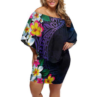 Hawaiian Plumeria-Polynesian Art Tattoo Frosted Blue Violet Color Family Matching Off Shoulder Short Dress and Hawaiian Shirt LT03 Mom's Dress Blue - Polynesian Pride