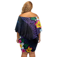 Hawaiian Plumeria-Polynesian Art Tattoo Frosted Blue Violet Color Family Matching Off Shoulder Short Dress and Hawaiian Shirt LT03 - Polynesian Pride