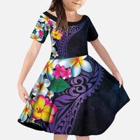 Hawaiian Plumeria-Polynesian Art Tattoo Frosted Blue Violet Color Family Matching Puletasi and Hawaiian Shirt LT03 Daughter's Dress Blue - Polynesian Pride