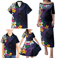 Hawaiian Plumeria-Polynesian Art Tattoo Frosted Blue Violet Color Family Matching Puletasi and Hawaiian Shirt LT03 - Polynesian Pride