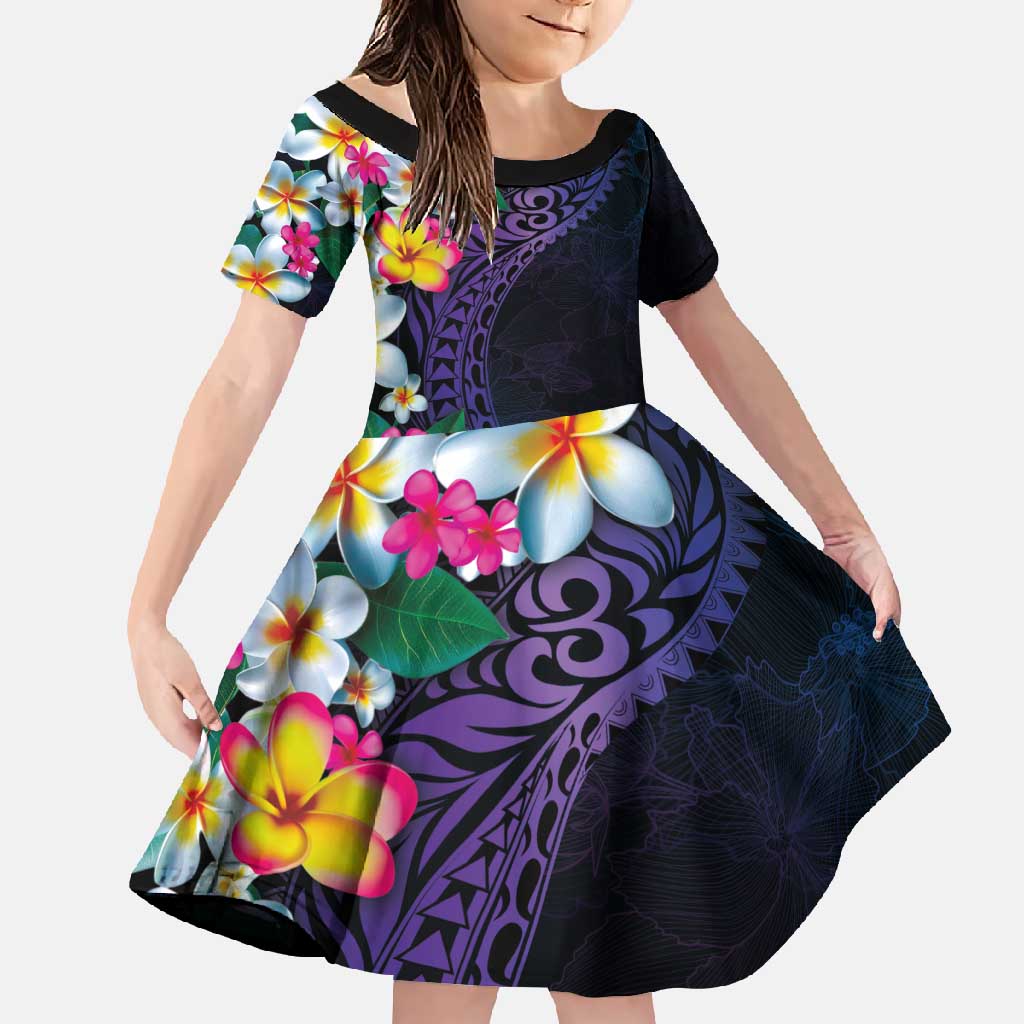 Hawaiian Plumeria-Polynesian Art Tattoo Frosted Blue Violet Color Family Matching Summer Maxi Dress and Hawaiian Shirt LT03 Daughter's Dress Blue - Polynesian Pride