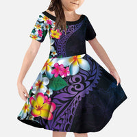 Hawaiian Plumeria-Polynesian Art Tattoo Frosted Blue Violet Color Family Matching Summer Maxi Dress and Hawaiian Shirt LT03 Daughter's Dress Blue - Polynesian Pride