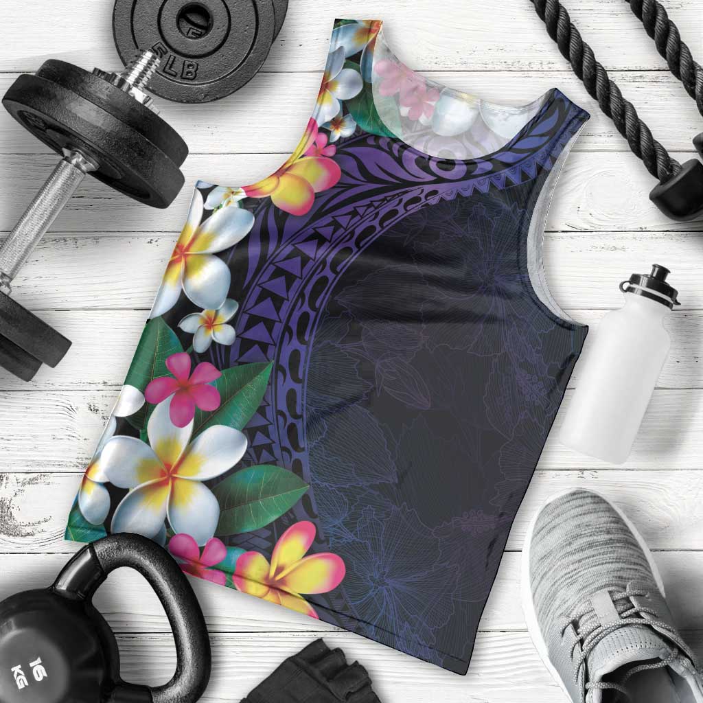 Hawaiian Plumeria-Polynesian Art Tattoo Frosted Blue Violet Color Men Tank Top