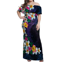 Hawaiian Plumeria-Polynesian Art Tattoo Frosted Blue Violet Color Off Shoulder Maxi Dress