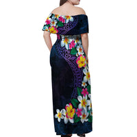 Hawaiian Plumeria-Polynesian Art Tattoo Frosted Blue Violet Color Off Shoulder Maxi Dress