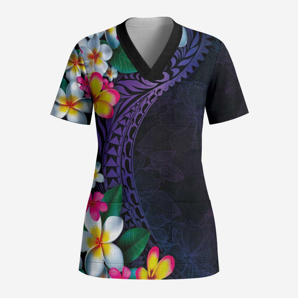 Hawaiian Plumeria-Polynesian Art Tattoo Frosted Blue Violet Color Scrub Top - Polynesian Pride