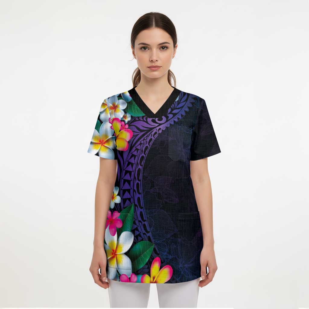 Hawaiian Plumeria-Polynesian Art Tattoo Frosted Blue Violet Color Scrub Top - Polynesian Pride