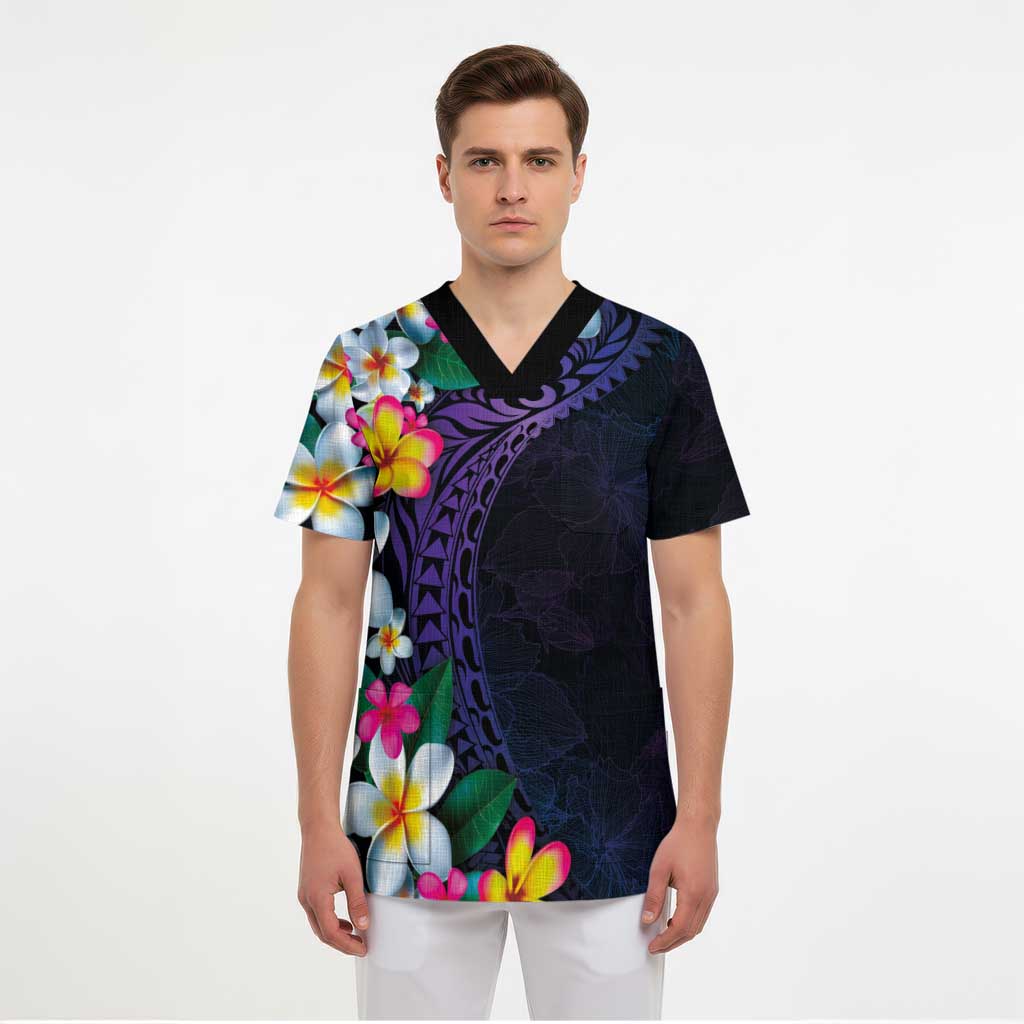Hawaiian Plumeria-Polynesian Art Tattoo Frosted Blue Violet Color Scrub Top - Polynesian Pride