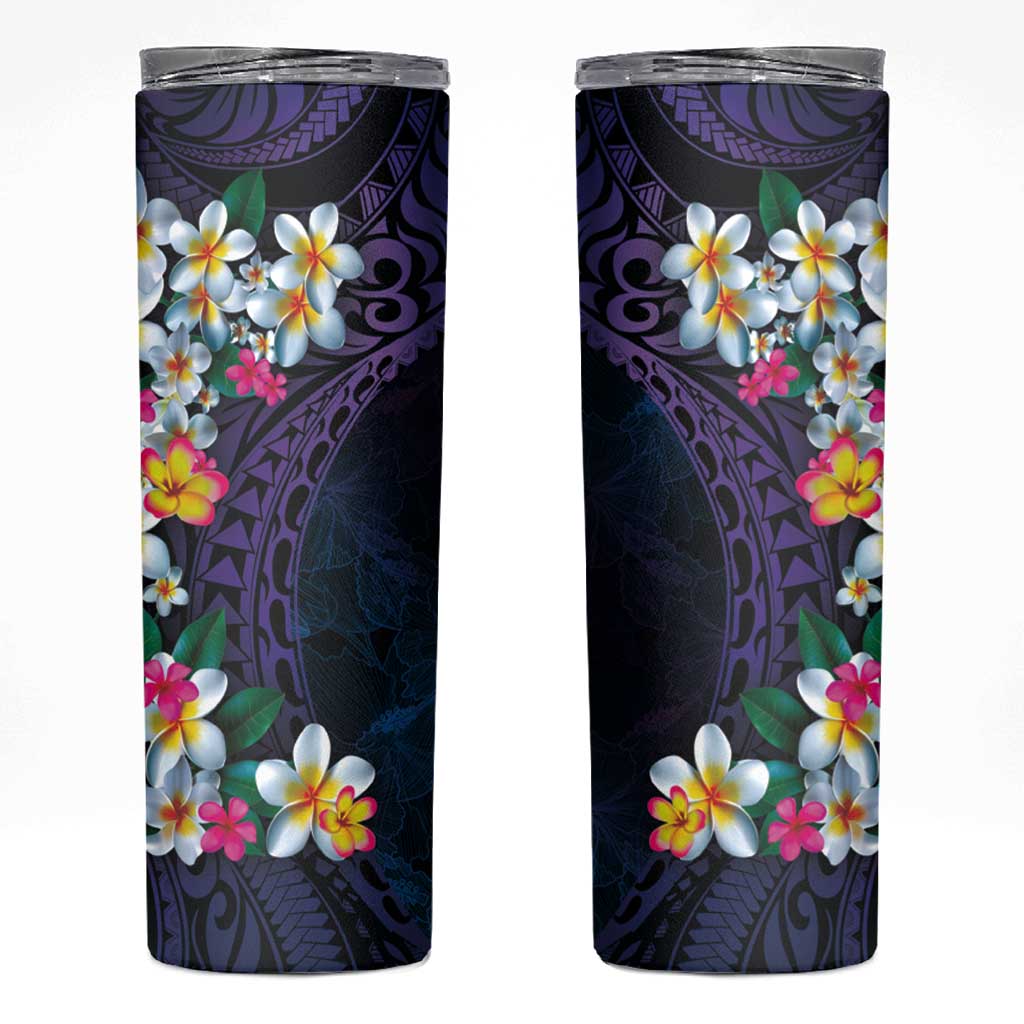 Hawaiian Plumeria-Polynesian Art Tattoo Frosted Blue Violet Color Skinny Tumbler LT03 Blue - Polynesian Pride