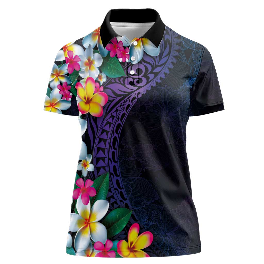Hawaiian Plumeria-Polynesian Art Tattoo Frosted Blue Violet Color Women Polo Shirt LT03 Female Blue - Polynesian Pride