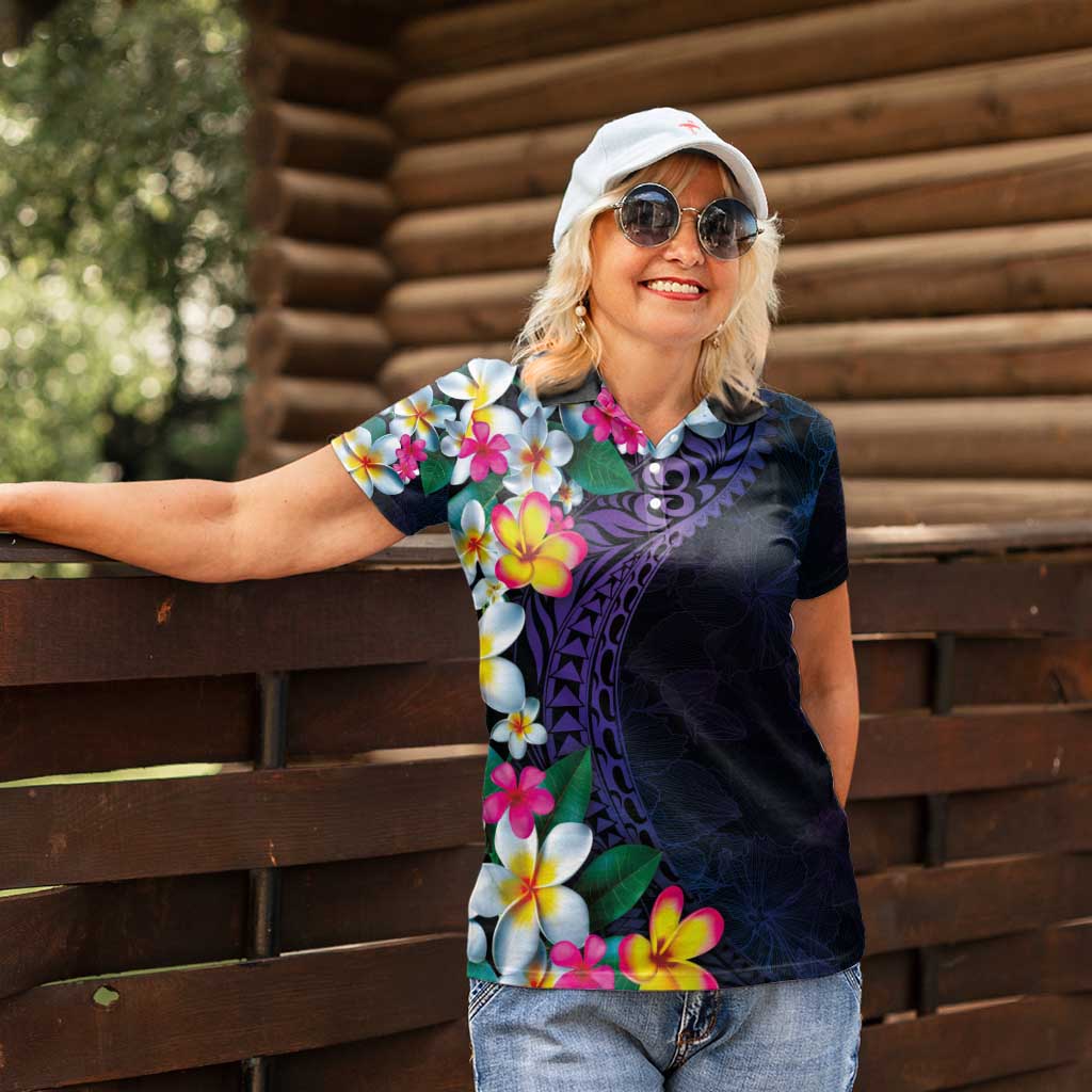 Hawaiian Plumeria-Polynesian Art Tattoo Frosted Blue Violet Color Women Polo Shirt LT03 - Polynesian Pride