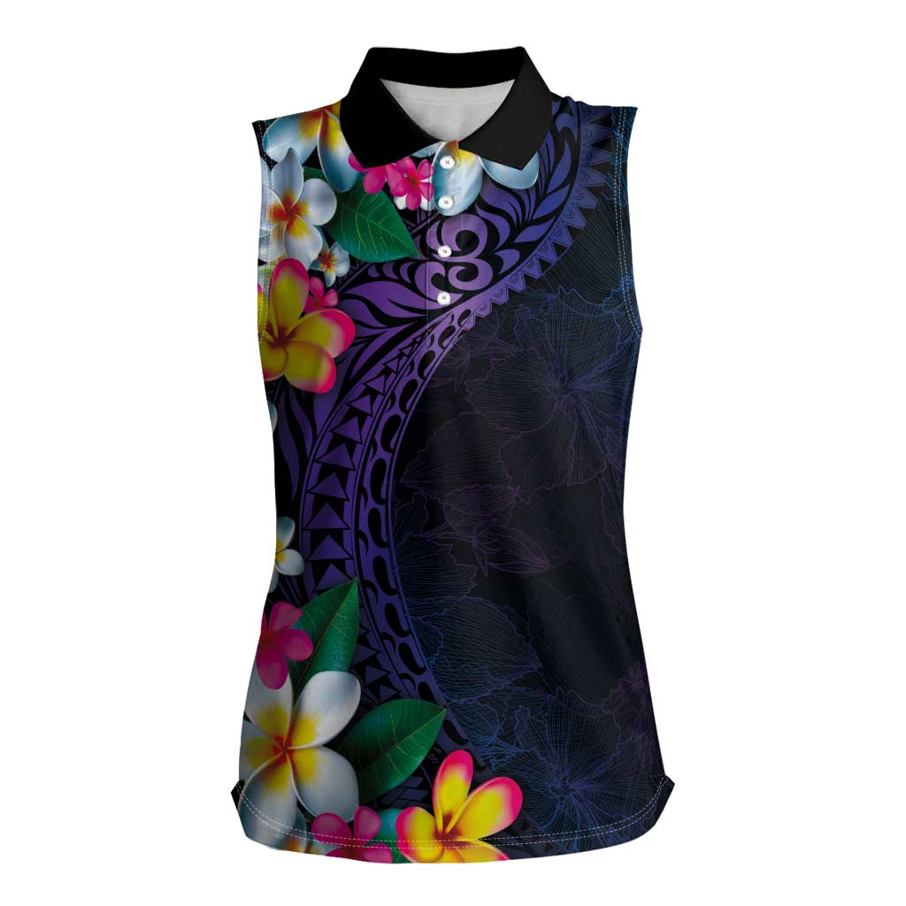 Hawaiian Plumeria-Polynesian Art Tattoo Frosted Blue Violet Color Women Sleeveless Polo Shirt LT03 Female Blue - Polynesian Pride