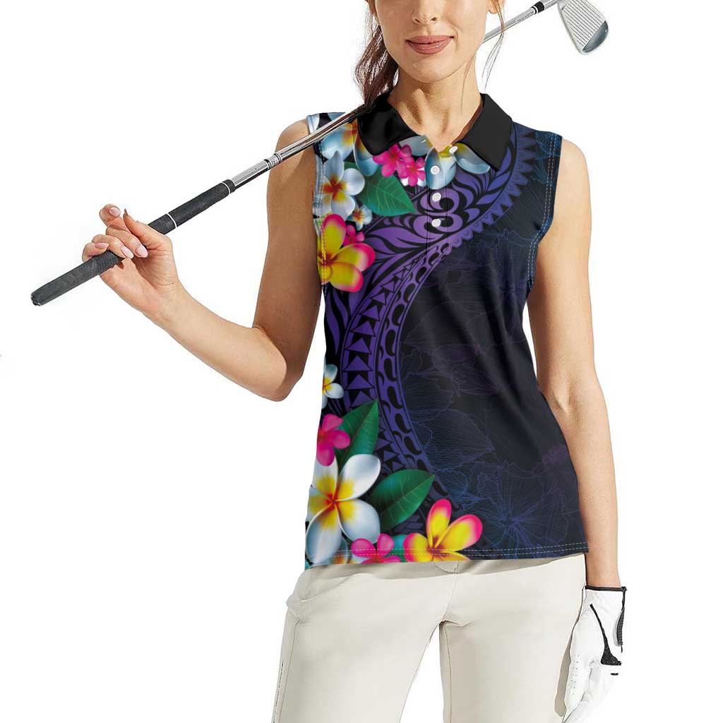 Hawaiian Plumeria-Polynesian Art Tattoo Frosted Blue Violet Color Women Sleeveless Polo Shirt LT03 - Polynesian Pride