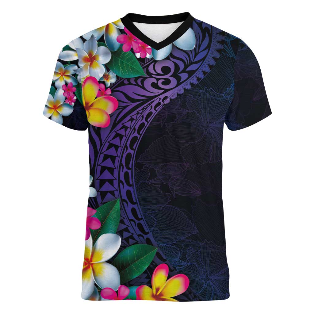Hawaiian Plumeria-Polynesian Art Tattoo Frosted Blue Violet Color Women V-Neck T-Shirt