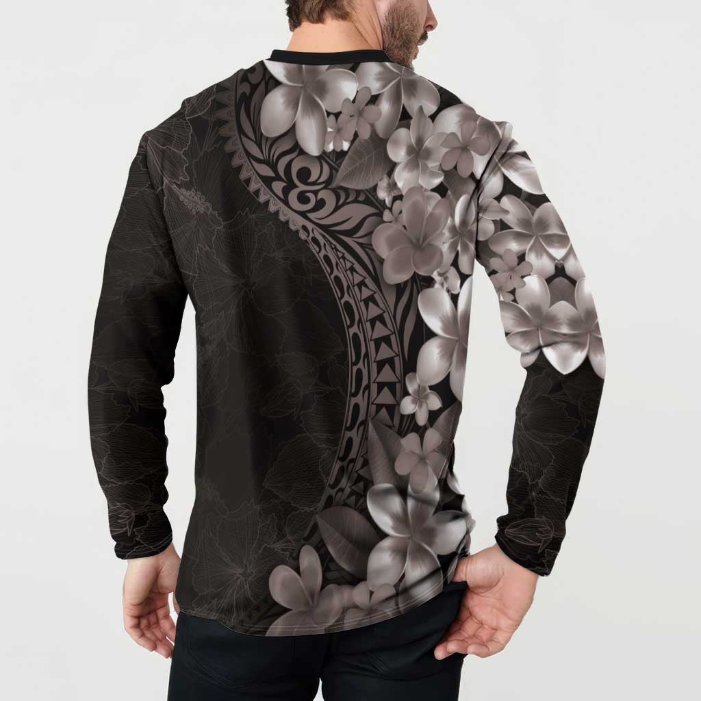 Hawaiian Plumeria-Polynesian Art Tattoo Grayscale Color Button Sweatshirt