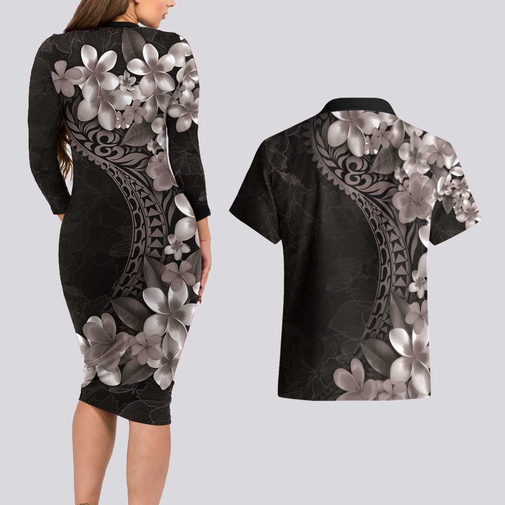 Hawaiian Plumeria-Polynesian Art Tattoo Grayscale Color Couples Matching Long Sleeve Bodycon Dress and Hawaiian Shirt LT03 - Polynesian Pride