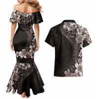 Hawaiian Plumeria-Polynesian Art Tattoo Grayscale Color Couples Matching Mermaid Dress and Hawaiian Shirt LT03 - Polynesian Pride