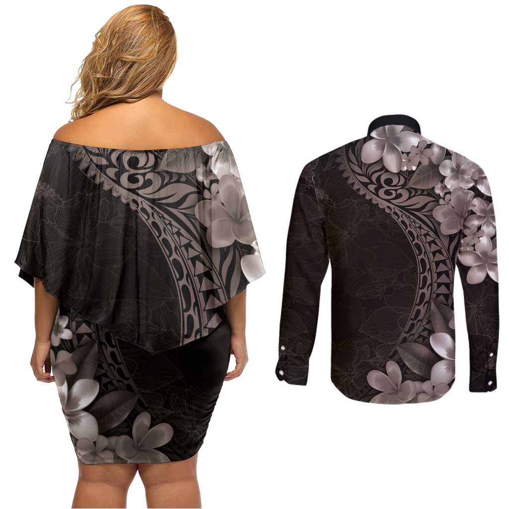 Hawaiian Plumeria-Polynesian Art Tattoo Grayscale Color Couples Matching Off Shoulder Short Dress and Long Sleeve Button Shirt LT03 - Polynesian Pride