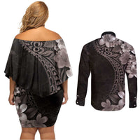 Hawaiian Plumeria-Polynesian Art Tattoo Grayscale Color Couples Matching Off Shoulder Short Dress and Long Sleeve Button Shirt LT03 - Polynesian Pride