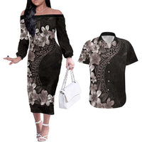 Hawaiian Plumeria-Polynesian Art Tattoo Grayscale Color Couples Matching Off The Shoulder Long Sleeve Dress and Hawaiian Shirt LT03 Gray - Polynesian Pride