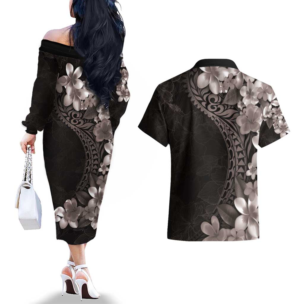 Hawaiian Plumeria-Polynesian Art Tattoo Grayscale Color Couples Matching Off The Shoulder Long Sleeve Dress and Hawaiian Shirt LT03 - Polynesian Pride