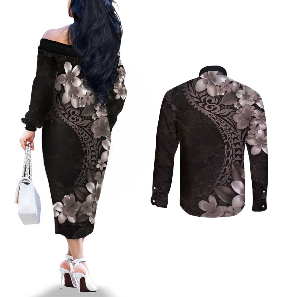 Hawaiian Plumeria-Polynesian Art Tattoo Grayscale Color Couples Matching Off The Shoulder Long Sleeve Dress and Long Sleeve Button Shirt LT03 - Polynesian Pride